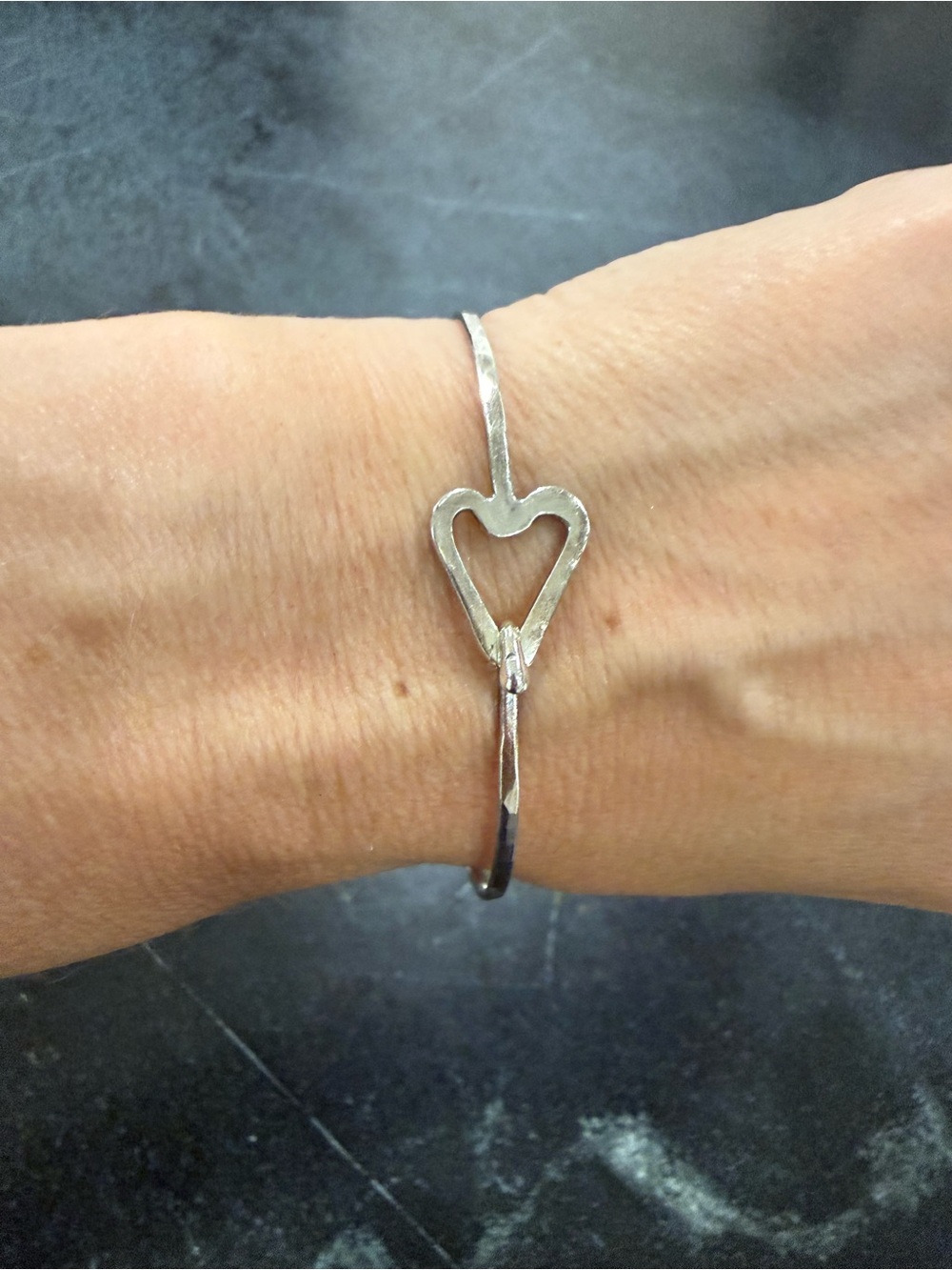 Sterling Silver Heart Hook Bangle Bracelet - Silver